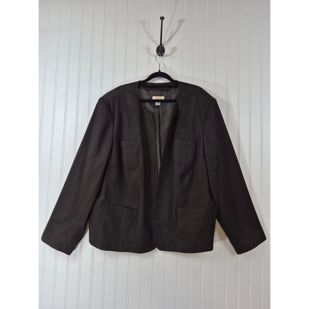Talbots Woman Brown Faux Suede Open Front Jacket Plus Size 22W Pocketed Blazer